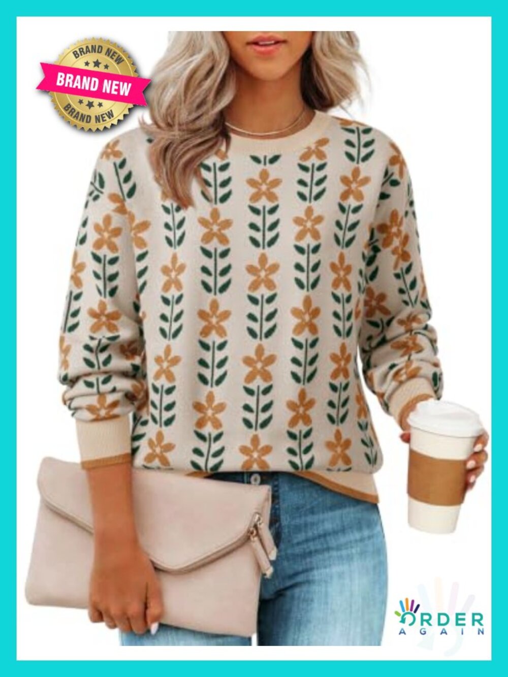 Womens Long Sleeve Floral Print Knit Sweater Crewneck Pullover Loose Fit